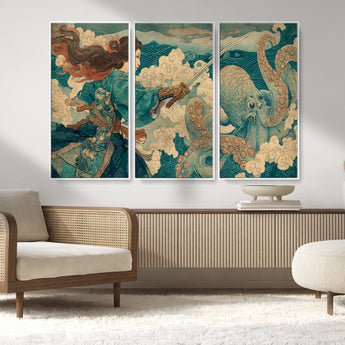 37943964-MGV-CV-36X24-Tsukioka Yoshitoshi Samurai Wall Art Print, Japanese Katana Warrior Canvas Wall Art, Octopus Sea Monster Canvas Print,