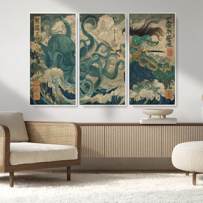 60346622-MGV-CV-36X24-Tsukioka Yoshitoshi Samurai Wall Art Print, Japanese Katana Warrior Canvas Wall Art, Octopus Sea Monster Canvas Print,