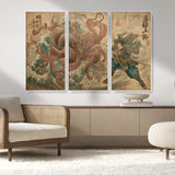 63782167-MGV-CV-36X24-Tsukioka Yoshitoshi Samurai Wall Art Print, Japanese Katana Warrior Canvas Wall Art, Octopus Sea Monster Canvas Print,