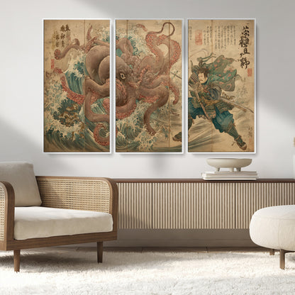 63782167-MGV-CV-36X24-Tsukioka Yoshitoshi Samurai Wall Art Print, Japanese Katana Warrior Canvas Wall Art, Octopus Sea Monster Canvas Print,