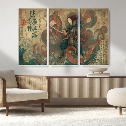 98593115-MGV-FC-48X32-3P_White-Samurai Warrior vs Octopus Wall Art – Japanese Ukiyo-e Calligraphy Canvas Print, Ocean Battle Scene Artwork for Living Room,
