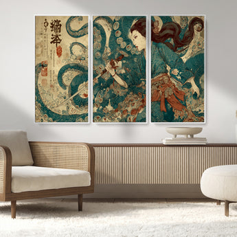 18575670-MGV-CV-36X24-Tsukioka Yoshitoshi Samurai Wall Art Print, Japanese Katana Warrior Canvas Wall Art, Octopus Sea Monster Canvas Print,