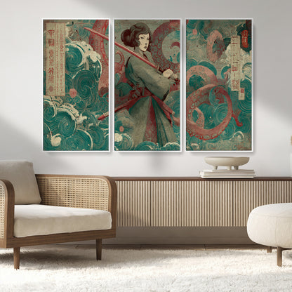 91666601-MGV-FC-48X32-3P_White-Samurai Woman vs Octopus Wall Art – Japanese Ukiyo-e Green Robe Canvas Print, Ocean Battle Artwork for Living Room, Office, Man