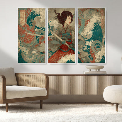 37797255-MGV-CV-36X24-Samurai Woman vs Octopus Wall Art – Japanese Ukiyo-e Red Armor Ocean Battle Canvas Print, Warrior Artwork for Living Room, Office,