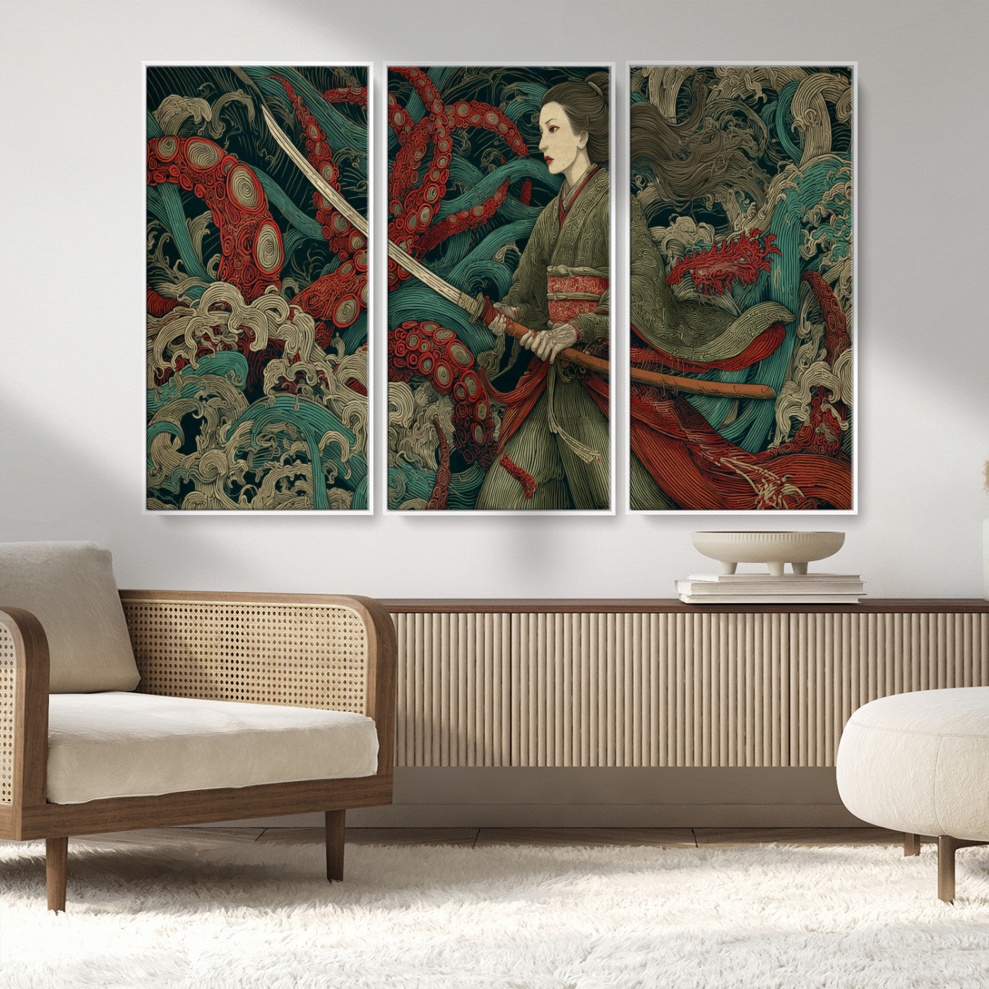 18902796-MGV-CV-36X24-Samurai Woman vs Octopus Wall Art – Japanese Ukiyo-e Green Kimono Canvas Print, Ocean Battle Scene Artwork for Living Room,