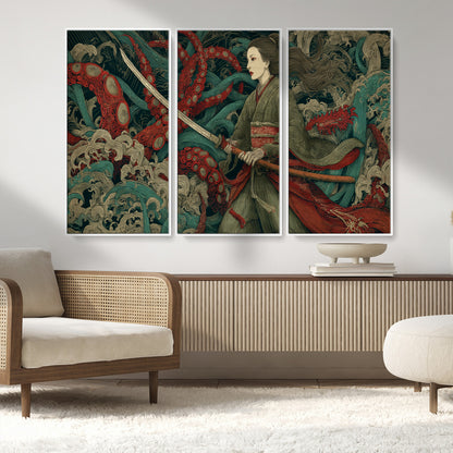 18902796-MGV-CV-36X24-Samurai Woman vs Octopus Wall Art – Japanese Ukiyo-e Green Kimono Canvas Print, Ocean Battle Scene Artwork for Living Room,