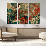60201267-MGV-FC-48X32-3P_White-Samurai Woman vs Octopus Wall Art – Japanese Ukiyo-e Armor Canvas Print, Red Tentacle Ocean Battle Artwork for Living Room,