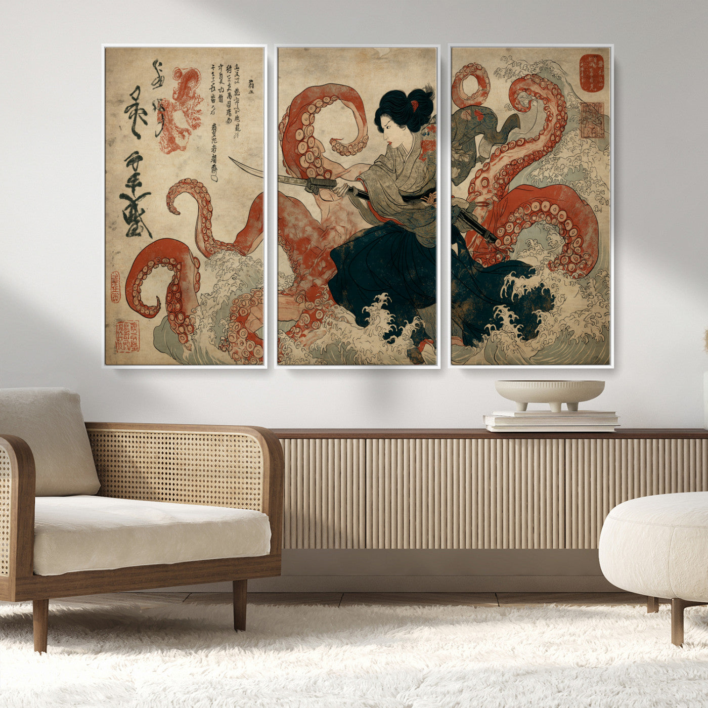 82737246-MGV-FC-48X32-3P_White-Samurai Woman vs Octopus Wall Art – Japanese Ukiyo-e Dual Sword Canvas Print, Red Tentacle Ocean Battle Artwork for Living Room,