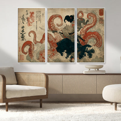 82737246-MGV-FC-48X32-3P_White-Samurai Woman vs Octopus Wall Art – Japanese Ukiyo-e Dual Sword Canvas Print, Red Tentacle Ocean Battle Artwork for Living Room,