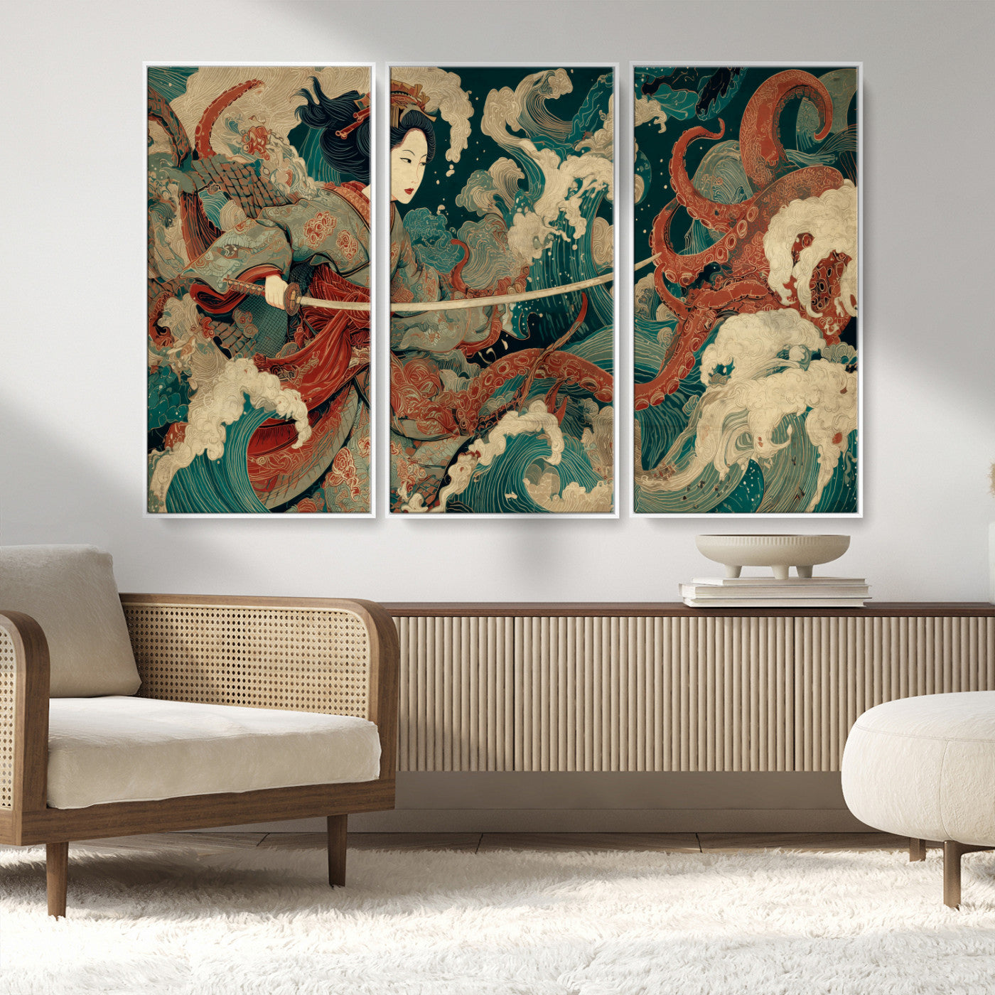 30212982-MGV-FC-48X32-3P_White-Samurai Woman vs Octopus Wall Art – Japanese Ukiyo-e Style Warrior and Sea Monster Canvas Print, Mythology Inspired Artwork for
