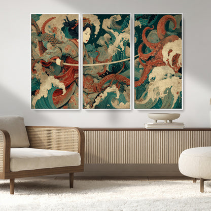 30212982-MGV-FC-48X32-3P_White-Samurai Woman vs Octopus Wall Art – Japanese Ukiyo-e Style Warrior and Sea Monster Canvas Print, Mythology Inspired Artwork for