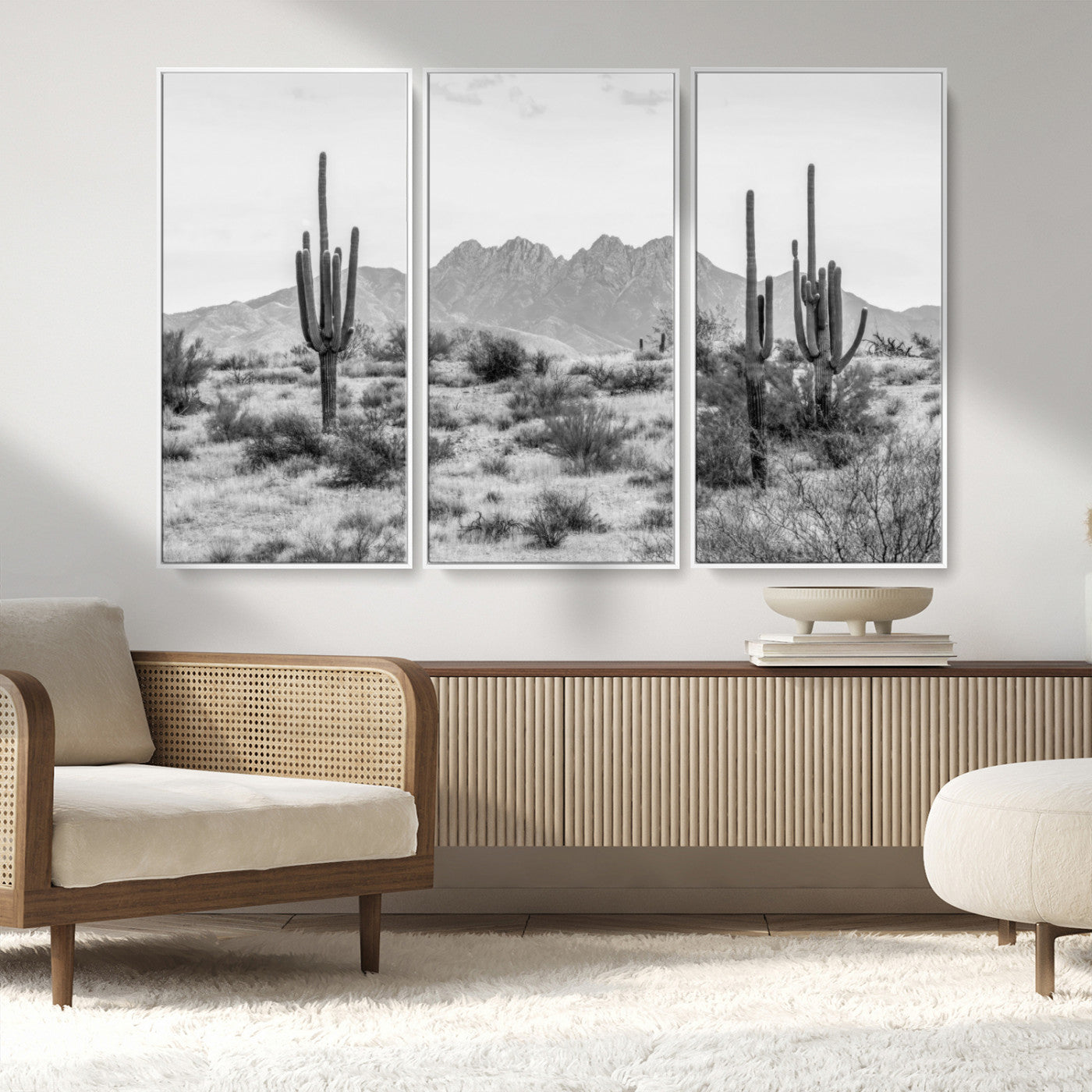 97436PHN-MGV-CV-36X24-Desert Landscape Wall Art – Black and White Cactus and Mountain Canvas Print, Southwestern Nature Photography for Living Room,