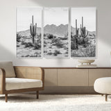 97436PHN-MGV-CV-36X24-Desert Landscape Wall Art – Black and White Cactus and Mountain Canvas Print, Southwestern Nature Photography for Living Room,