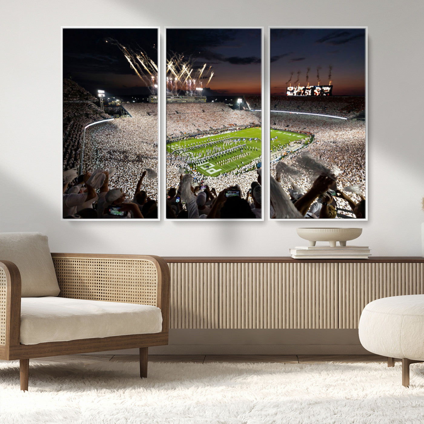 Penn-MGV-FC-48X32-3P_White-Football Stadium Wall Art – Panoramic Night Game Canvas Print, Packed Crowd with Fireworks, Sports Decor for Office, Man Cave, Bar