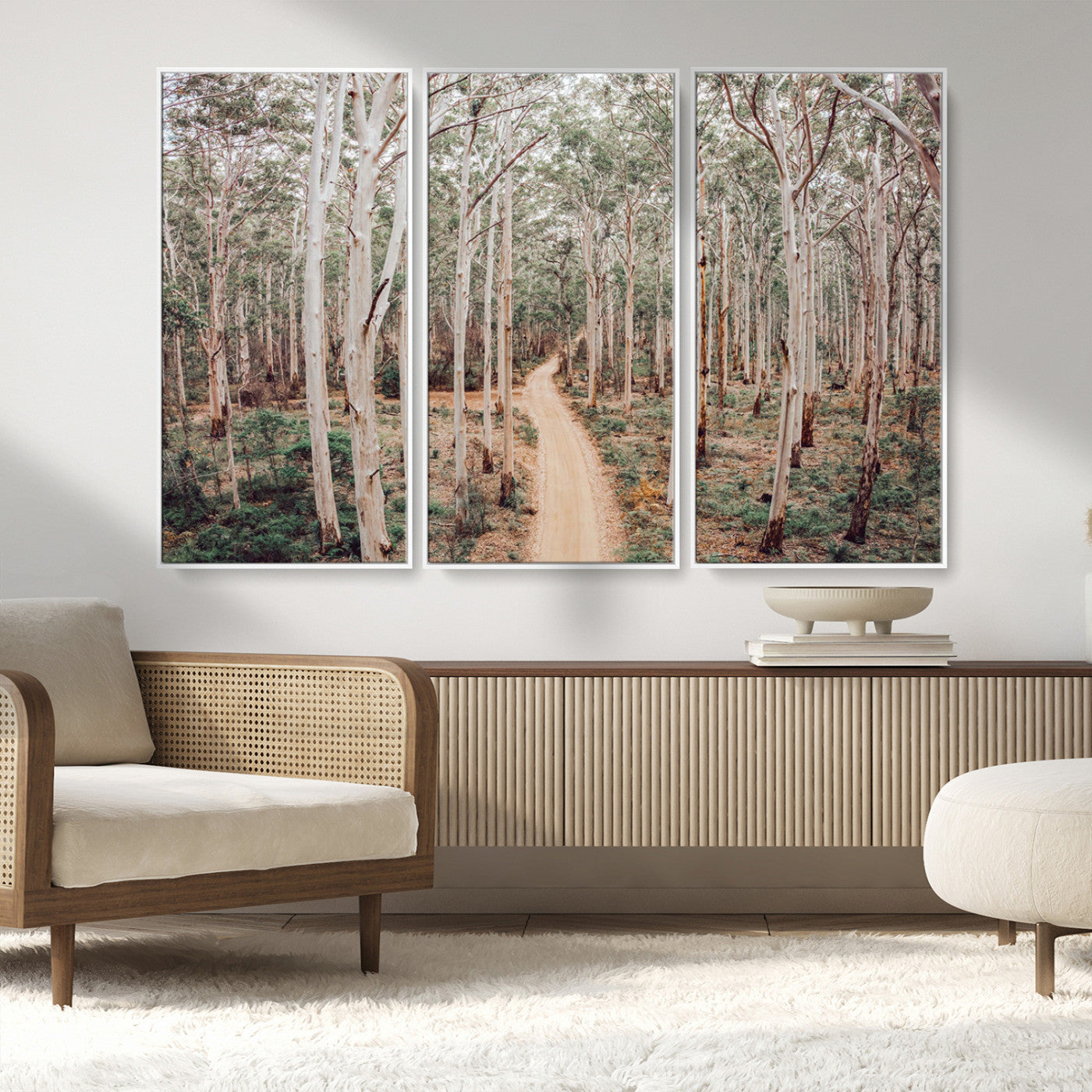 24760563-MGV-FC-48X32-3P_White-Forest Wall Art – Tranquil Woodland Path Canvas Print, Scenic Nature Photography Decor for Bedroom, Living Room, Office, Cabin or