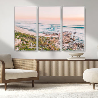 27332135-MGV-FC-48X32-3P_White-Coastal Sunset Wall Art – Ocean Waves and Rocky Shore Canvas Print, Scenic Seaside Photography Decor for Bedroom, Living Room,