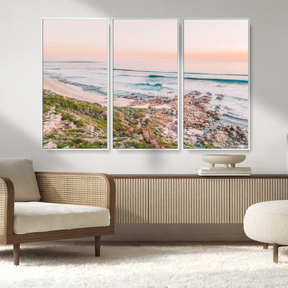 27332135-MGV-FC-48X32-3P_White-Coastal Sunset Wall Art – Ocean Waves and Rocky Shore Canvas Print, Scenic Seaside Photography Decor for Bedroom, Living Room,