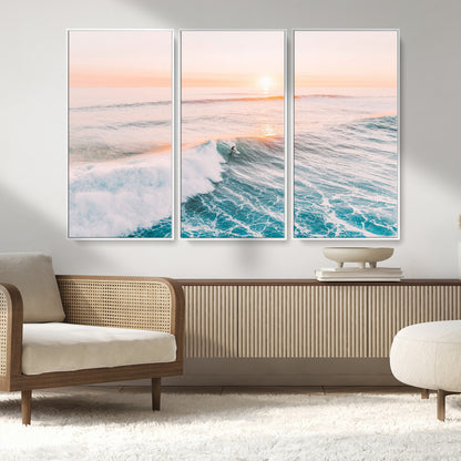 34064591-MGV-CV-36X24-Surfing Wall Art – Sunset Ocean Wave Canvas Print, Surfer Riding Sea Photography Decor for Bedroom, Living Room, Office, Coastal