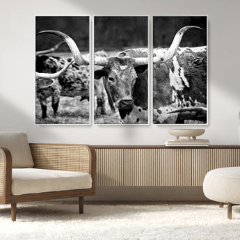15425553-MGV-CV-36X24-Western Wall Art – Longhorn Cattle Black and White Canvas Print, Rustic Ranch Photography Decor for Bedroom, Living Room, Office,