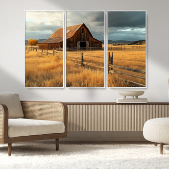 16480179-MGV-FC-48X32-3P_White-Farmhouse Wall Art – Rustic Barn and Golden Field Canvas Print, Country Landscape Photography Decor for Bedroom, Living Room,