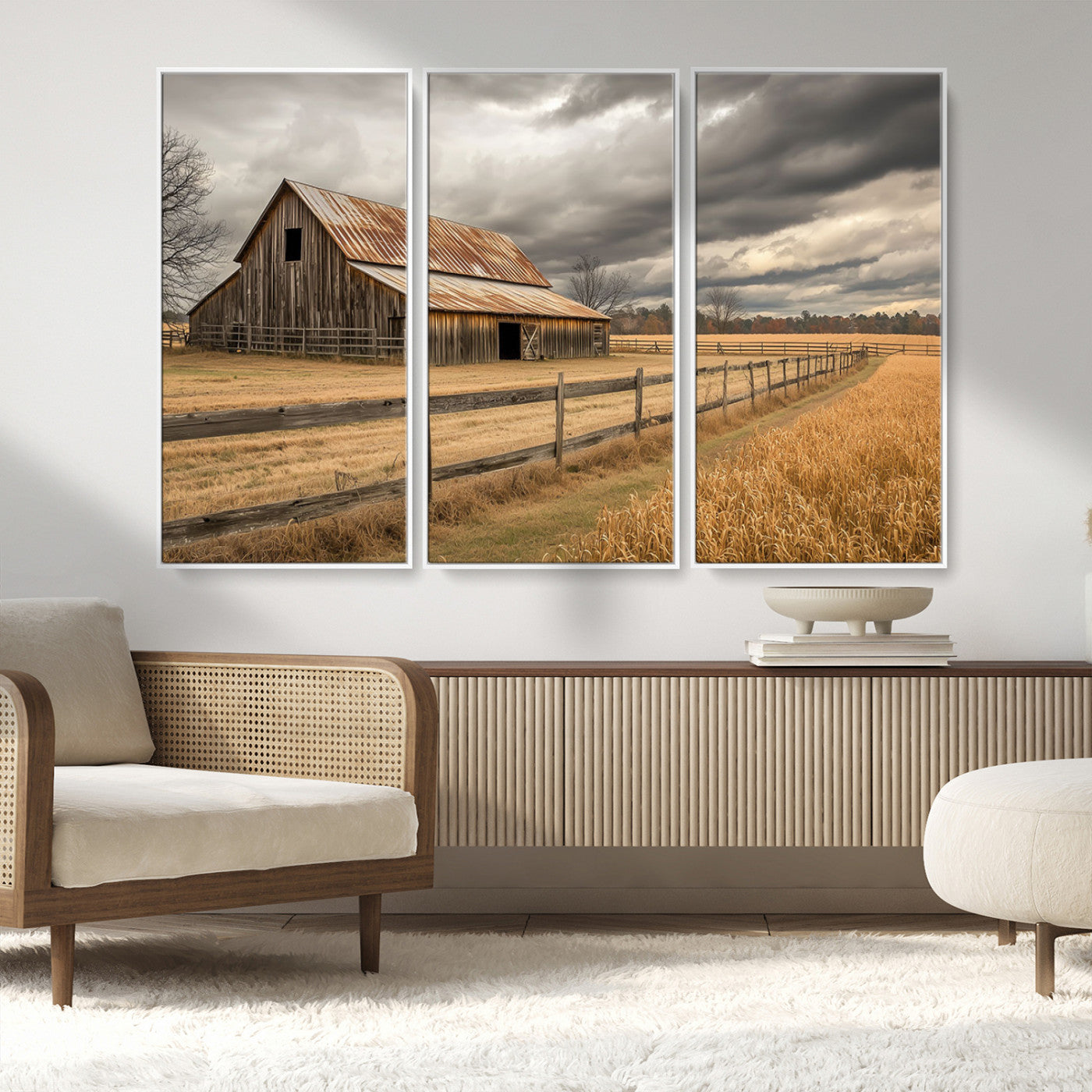 21991117-MGV-CV-36X24-Rustic Barn Wall Art – Weathered Farmhouse Canvas Print, Stormy Sky and Golden Field Photography Decor for Bedroom, Living Room,