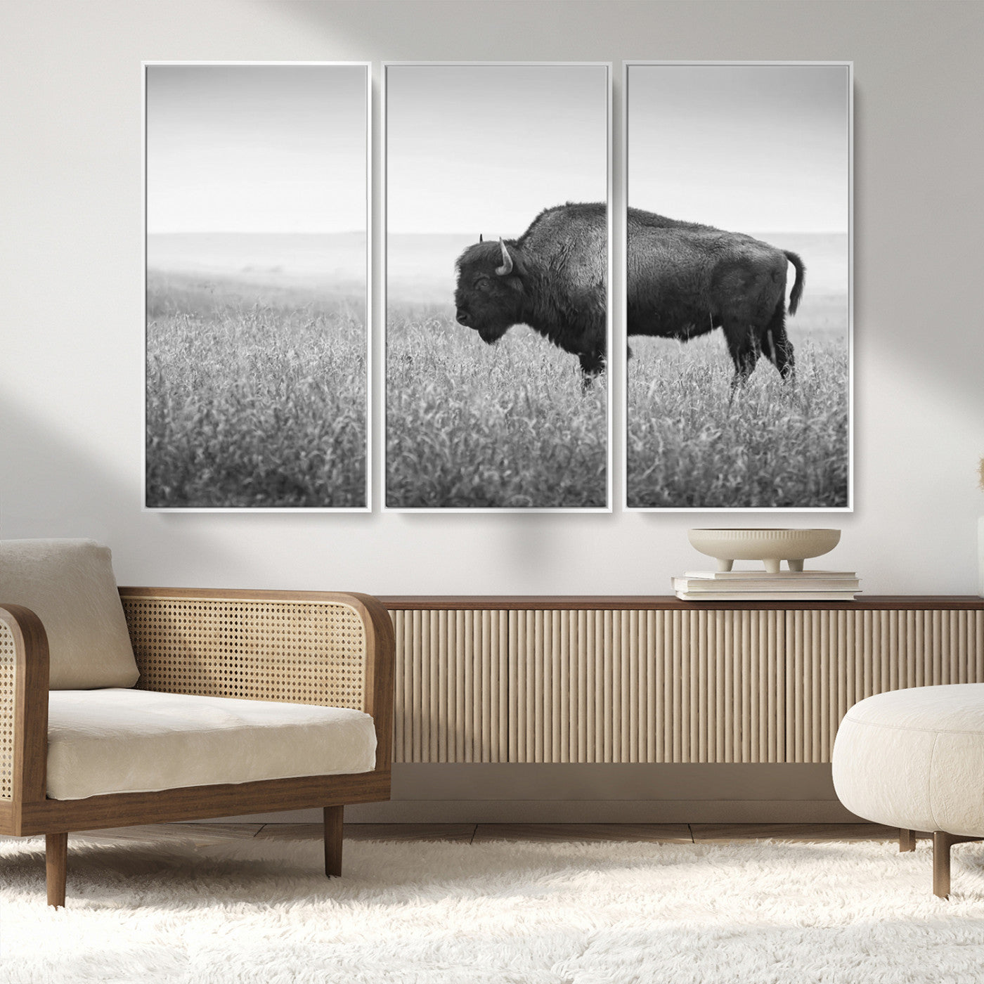 90861202-MGV-CV-36X24-Black and White Bison Canvas Wall Art – Rustic American Buffalo Print, Western Wildlife Photography for Farmhouse, Cabin, Office