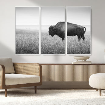 90861202-MGV-CV-36X24-Black and White Bison Canvas Wall Art – Rustic American Buffalo Print, Western Wildlife Photography for Farmhouse, Cabin, Office