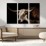 27414857-MGV-CV-36X24-Texas Longhorn Bull Canvas Wall Art – Rustic Western Farmhouse Decor, Brown & White Cow Portrait, Animal Print for Ranch Home