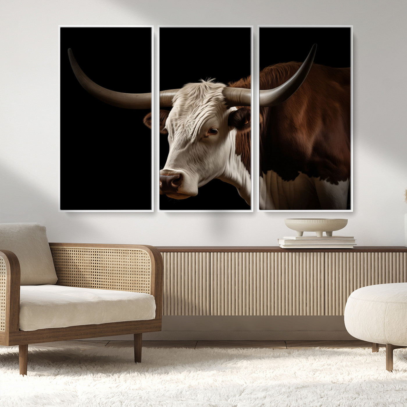 27414857-MGV-CV-36X24-Longhorn Bull Wall Art – Dramatic Western Steer Portrait Canvas Print, Rustic Farmhouse Animal Decor for Living Room, Office, or