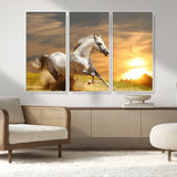 67478480-MGV-CV-36X24-White Horse Running at Sunset Wall Art – Majestic Equestrian Photography Print, Rustic Farmhouse Decor, Golden Sky Horse Lover