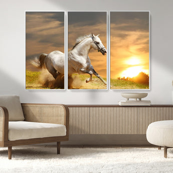 67478480-MGV-CV-36X24-White Horse Running at Sunset Wall Art – Majestic Equestrian Photography Print, Rustic Farmhouse Decor, Golden Sky Horse Lover