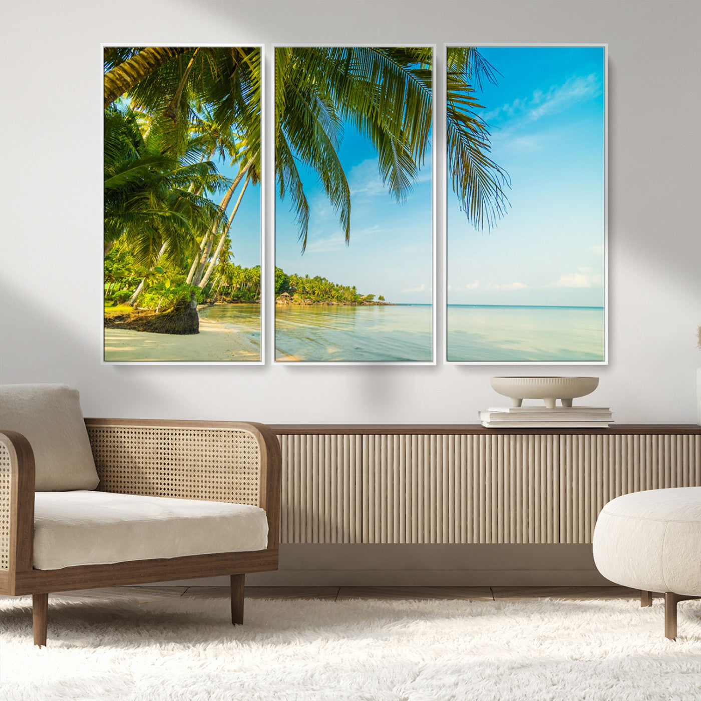65056721-MGV-FC-48X32-3P_White-Tropical Beach Wall Art – Palm Tree Coastal Photography Print, Relaxing Ocean Paradise Landscape, Island Seascape Home or Office