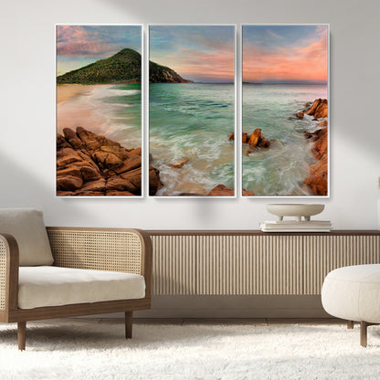 53831025-MGV-FC-48X32-3P_White-Coastal Landscape Wall Art – Tropical Beach Ocean Canvas Print, Sunset Mountain View Photography Decor for Living Room, Bedroom,