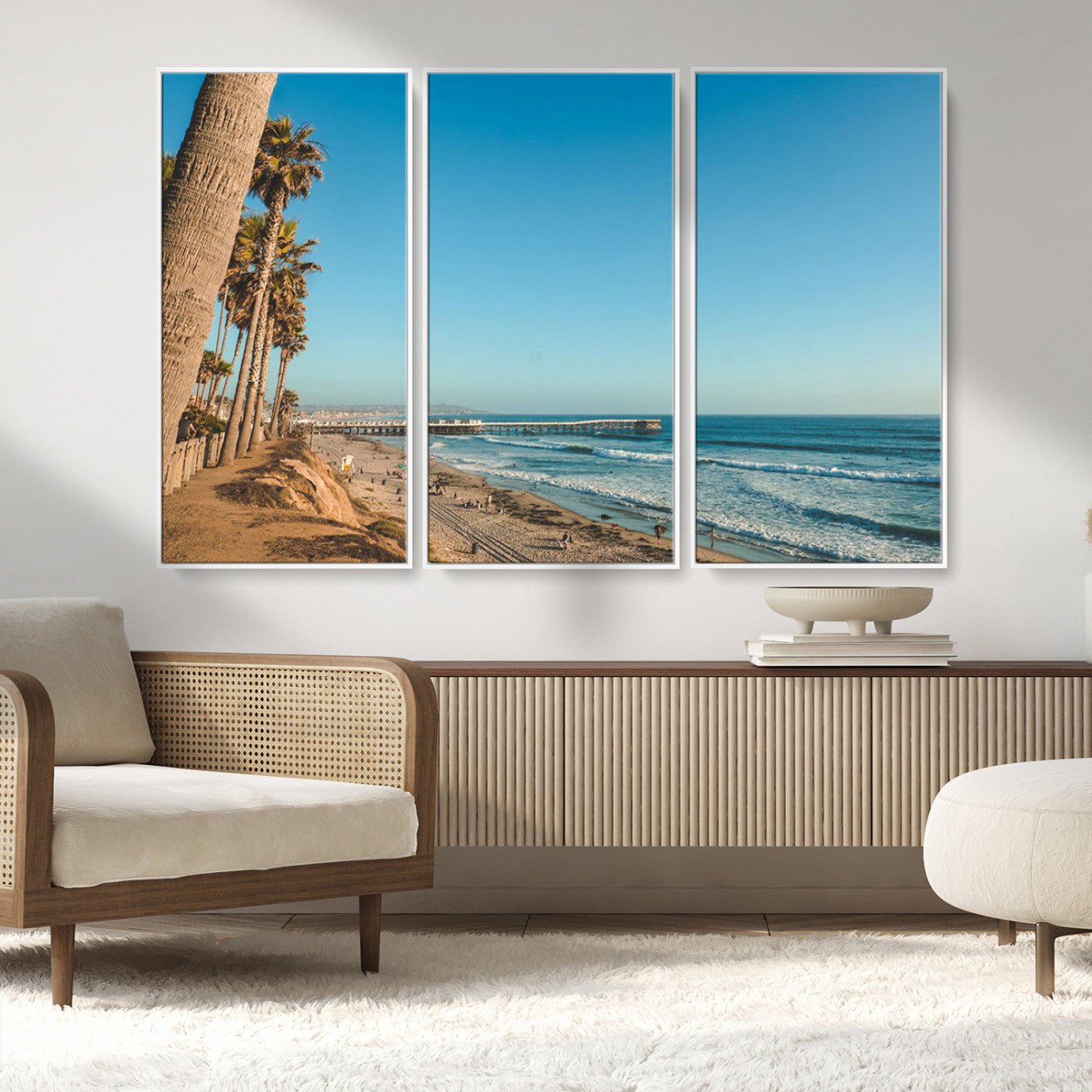 92568259-MGV-CV-36X24-California Beach Wall Art – Palm Tree Pier Canvas Print, Coastal Ocean Photography Seaside Decor for Living Room, Bedroom, Office,