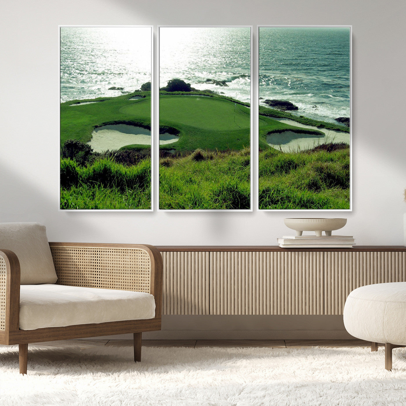48473947-MGV-CV-36X24-Ocean Golf Course Wall Art – Panoramic Green Fairway Canvas Print, Coastal Golf Landscape Photography Sports Decor for Office, Man