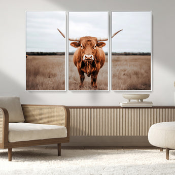 16316734-MGV-FC-48X32-3P_White-Texas Longhorn Wall Art – Rustic Bull Portrait Canvas Print, Western Farmhouse Animal Photography Decor for Living Room, Office,
