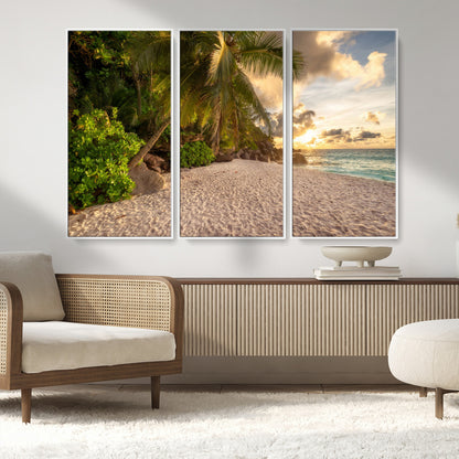 89531159-MGV-CV-36X24-Tropical Beach Sunset Canvas Wall Art – Palm Trees Golden Sand Ocean Waves Coastal Paradise Print for Beach House Bedroom Bathroom