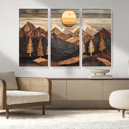 90044381-MGV-FC-48X32-3P_White-Rustic Wall Art – Wooden Mountain Landscape with Sun and Pine Trees, Handcrafted Nature Canvas Style Decor for Bedroom, Living