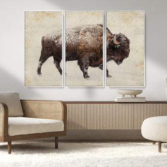 54810031-MGV-FC-48X32-3P_White-Western Wall Art – Snow Covered Bison Canvas Print, Rustic Wildlife Photography Decor for Bedroom, Living Room, Office, Lodge,