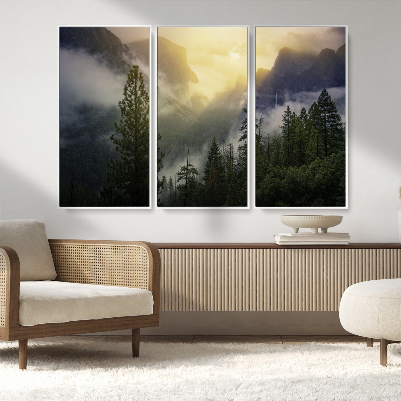 38316884-MGV-FC-48X32-3P_White-Landscape Wall Art – Misty Mountain Valley Canvas Print, Scenic Pine Forest and Sunrise Photography Decor for Bedroom, Living