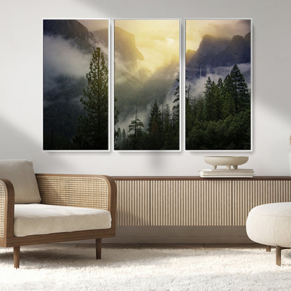 38316884-MGV-FC-48X32-3P_White-Landscape Wall Art – Misty Mountain Valley Canvas Print, Scenic Pine Forest and Sunrise Photography Decor for Bedroom, Living