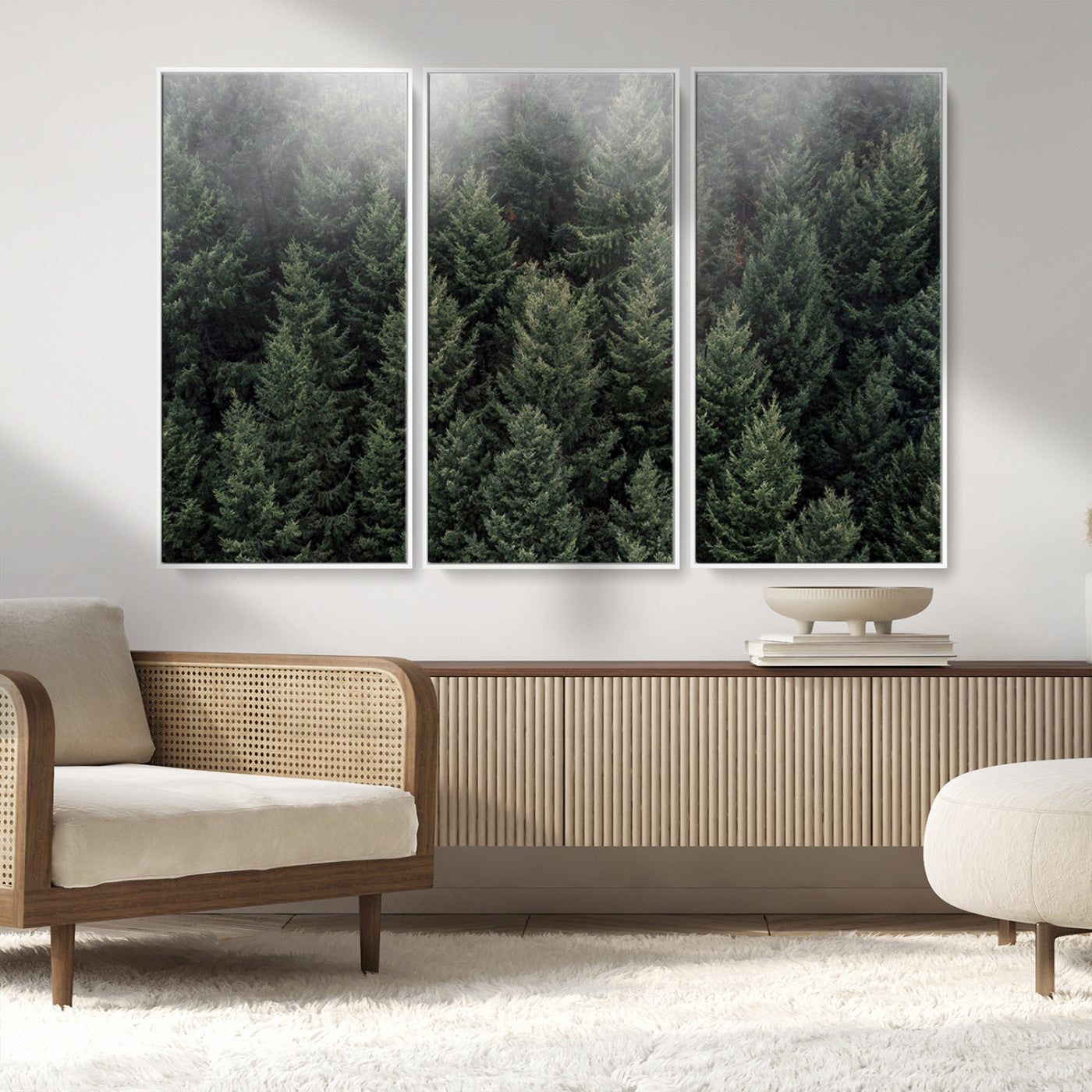 84059409-MGV-CV-36X24-Forest Wall Art – Misty Evergreen Trees Canvas Print, Tranquil Nature Photography Decor for Bedroom, Living Room, Office, Cabin or