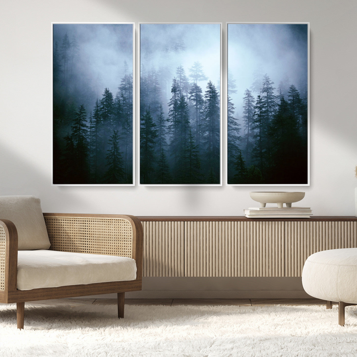 93439624-MGV-FC-48X32-3P_White-Forest Wall Art – Misty Pine Trees Canvas Print, Moody Nature Photography Decor for Bedroom, Living Room, Office, Cabin, Lodge or
