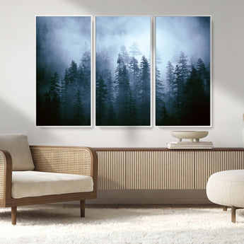 93439624-MGV-FC-48X32-3P_White-Forest Wall Art – Misty Pine Trees Canvas Print, Moody Nature Photography Decor for Bedroom, Living Room, Office, Cabin, Lodge or
