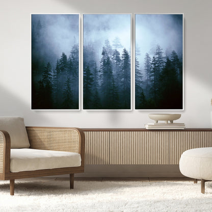 93439624-MGV-FC-48X32-3P_White-Forest Wall Art – Misty Pine Trees Canvas Print, Moody Nature Photography Decor for Bedroom, Living Room, Office, Cabin, Lodge or