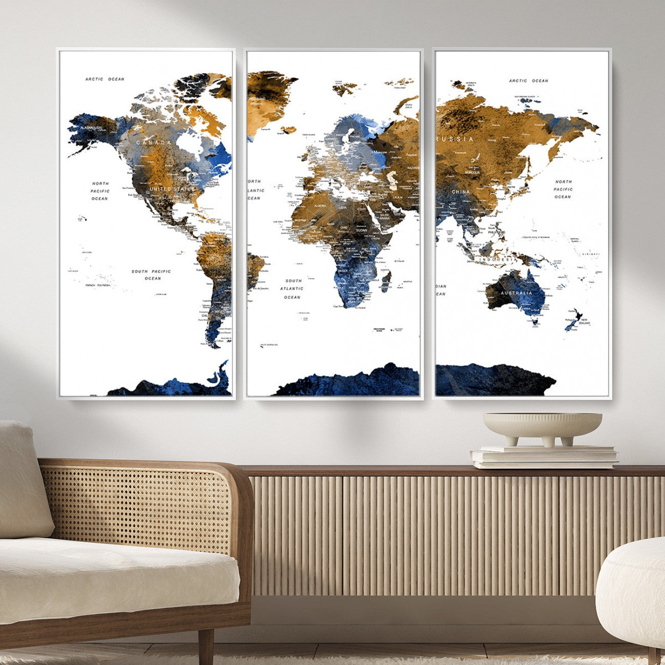 MGV-FC-48X32-3P - World Map Wall Art Canvas Print, Framed Blue Gold Map Art Picture Print, Rustic Atlas Perfect Rustic Modern Decor Artwork