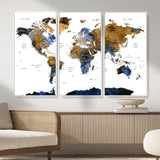 MGV-FC-48X32-3P - World Map Wall Art Canvas Print, Framed Blue Gold Map Art Picture Print, Rustic Atlas Perfect Rustic Modern Decor Artwork