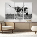 83785-MGV-CV-36X24-Texas Longhorn Wall Art Canvas Print, Framed Horned Bull Art Picture Print, Monochrome Cattle Perfect Rustic Western Decor Artwork