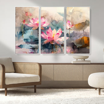 18414-MGV-CV-36X24-Pink Lotus Wall Art Canvas Print, Framed Water Lily Art Picture Print, Dreamy Floral Perfect Dreamy Botanical Decor Artwork