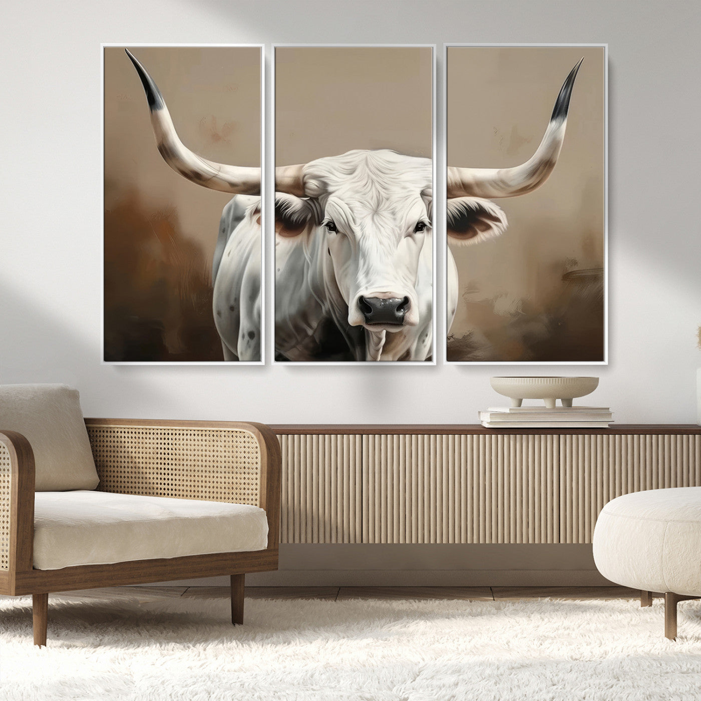 63550-MGV-CV-36X24-Texas Longhorn Wall Art Canvas Print, Framed White Bull Art Picture Print, Horned Cattle Perfect Rustic Western Decor Artwork